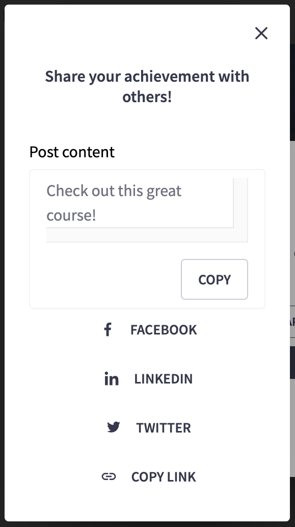 Thinkific's built in social sharing tool